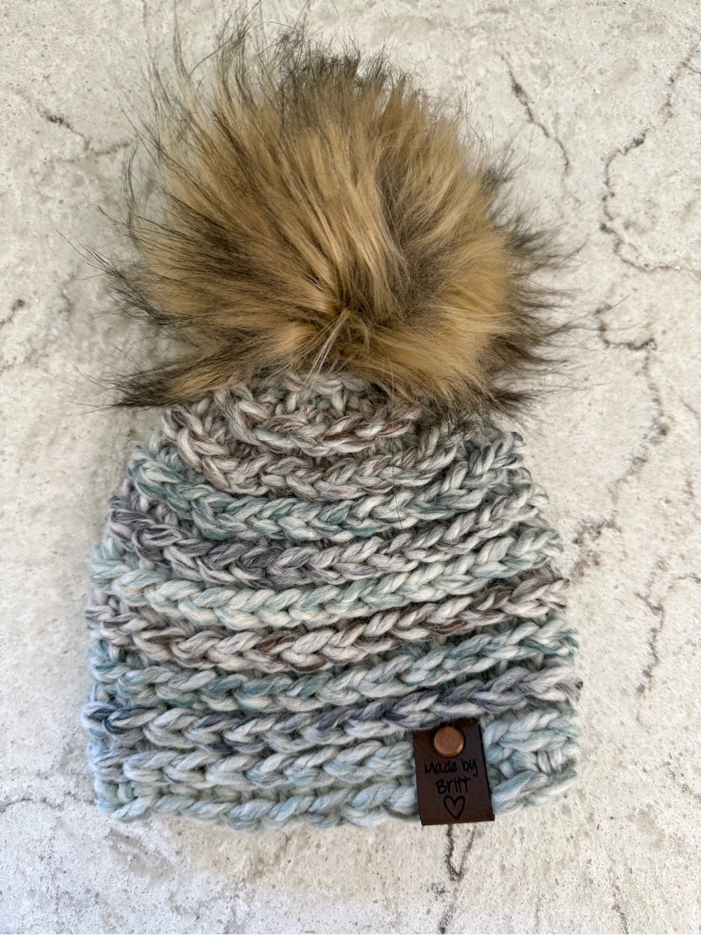 Baby Chunky Crochet with Removal Pom Beanie in Light Blue & Gray
